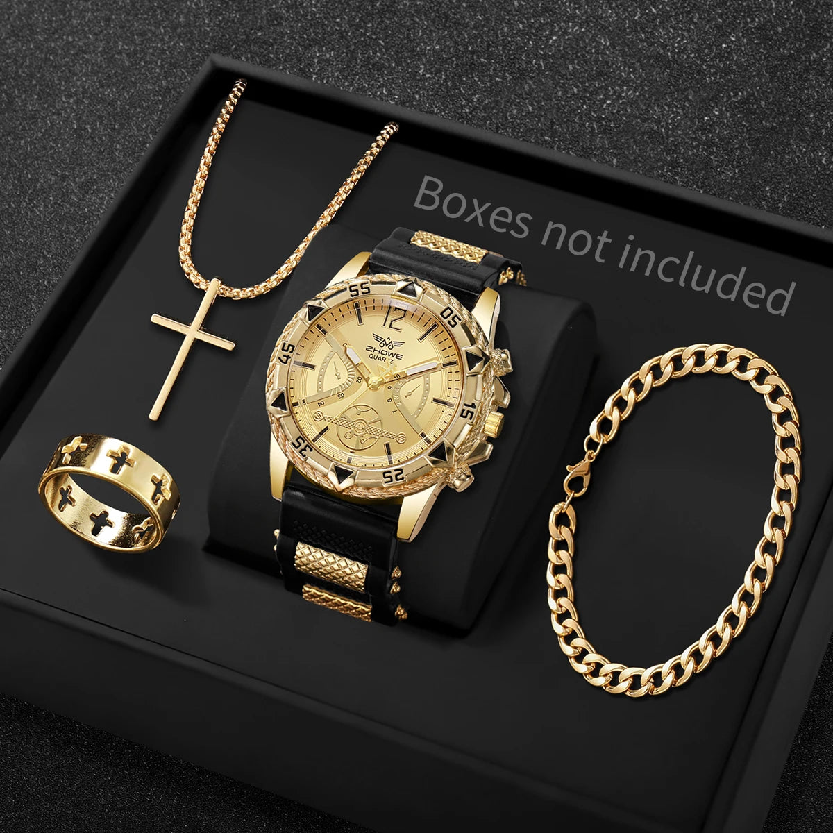 Luxury Sport Men Quartz Watch Jewelry Kit, Hollow Dial Gold Accent Wristwatch Matching Cross Jewelry Present for Boys Qme Gold Without Box