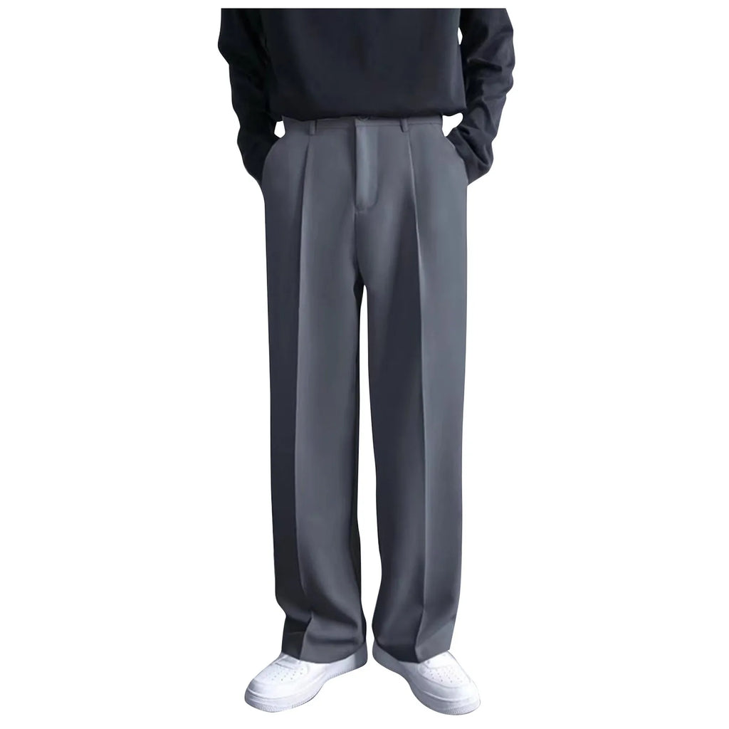 Men's Business Casual Fashion Loose Solid Color Drape Straight Trousers Classic Commuting Simple And Versatile Pocket Long Pants Qme