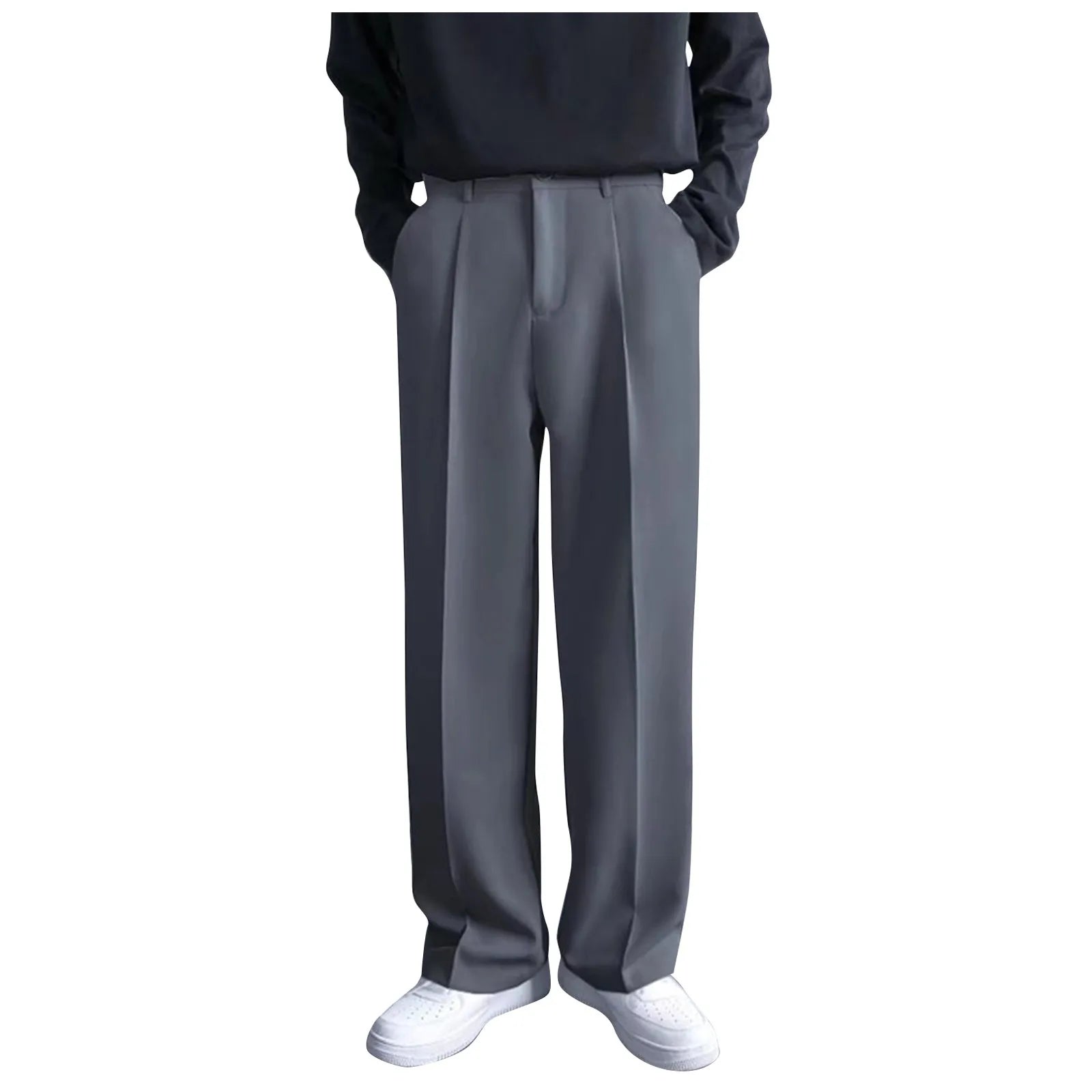 Men's Business Casual Fashion Loose Solid Color Drape Straight Trousers Classic Commuting Simple And Versatile Pocket Long Pants Qme