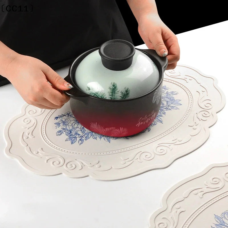 Silicone Carved Dining Mat Retro Pattern Table Floral Placemat Qme