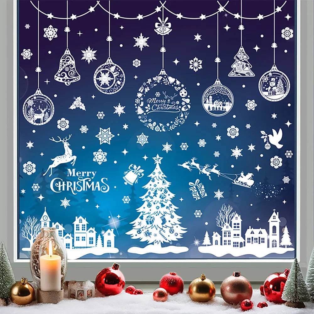 9pcs Christmas Window Stickers White Snowflake Reindeer Decal Wall Sticker Christmas Electrostatic Stickers New Year Decorations Qme