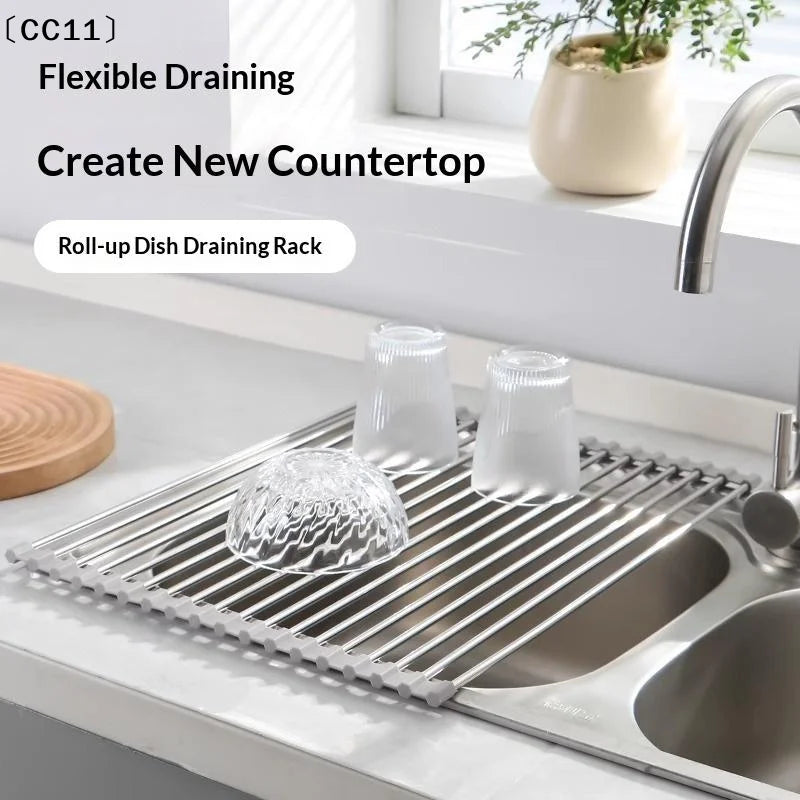 Rollable Foldable Stainless Steel Sink Drying Rack Kitchen Qme