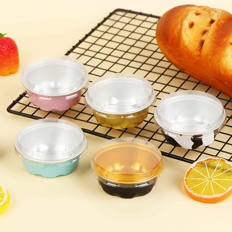 Round Baking Cups Aluminum Foil Wih Lids Reusable Cupcake Desserts Qme