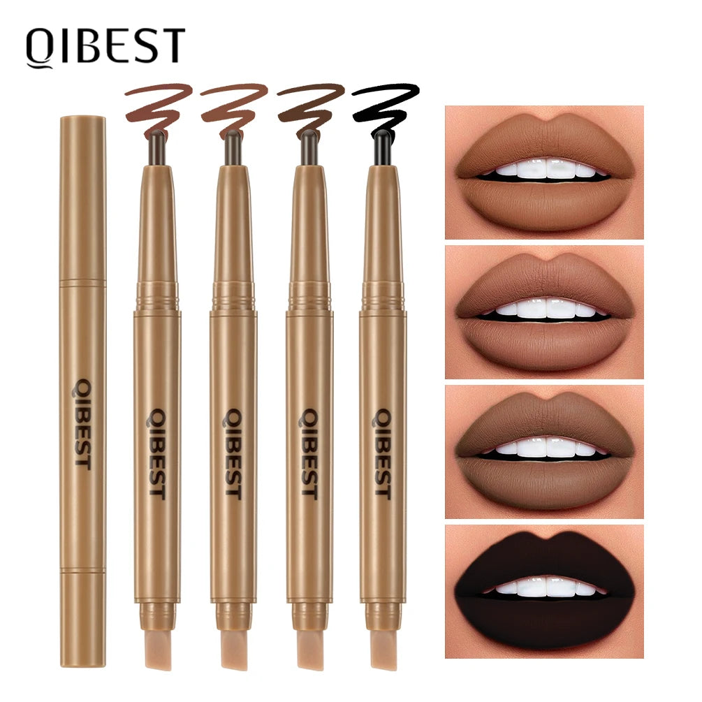 QIBEST Double Head Lip Liner&Brush Pen Makeup Mist Matte Contour Tint Lipstick Pencil 2 In 1 Stick Lasting Nude Black Lipliner Qme