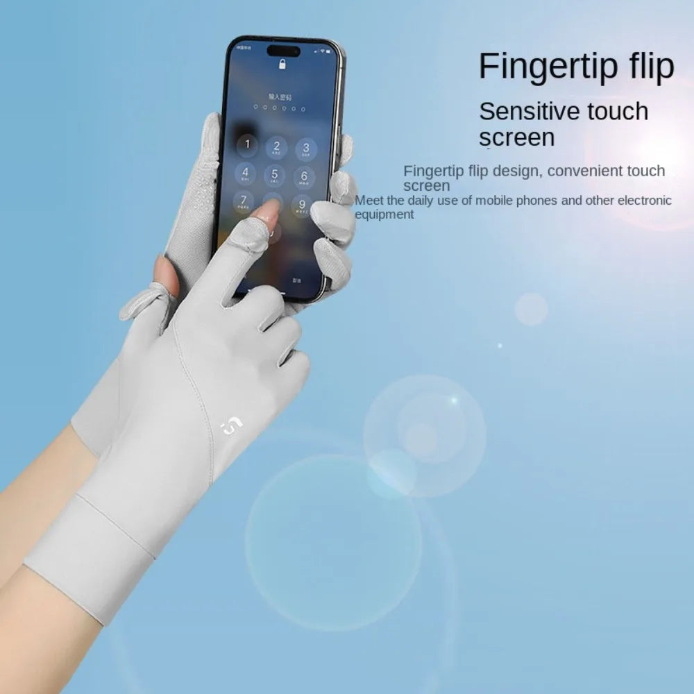 Ice Silk Women Sunscreen Gloves Thin Elastic Touch Screen Ice Silk Gloves Exposed Finger Breathable Cycling Driving Gloves Qme
