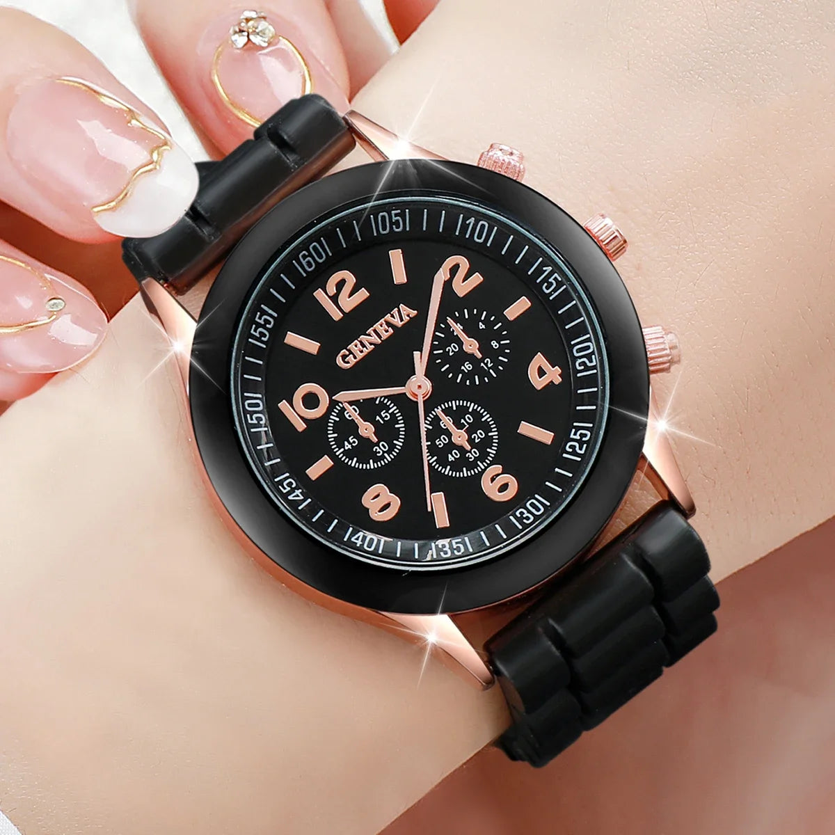 2/3 peças relógios femininos moda mostrador árabe pulseira de silicone conjunto de relógio de quartzo (sem caixa) Qme black