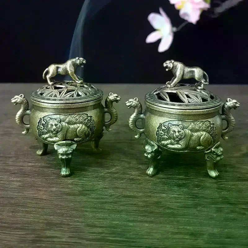 Tiger Incense Burner Metal Small Incense Burner Ornaments With Handle Yoga Meditation Home Decoration Ancient Style Qme