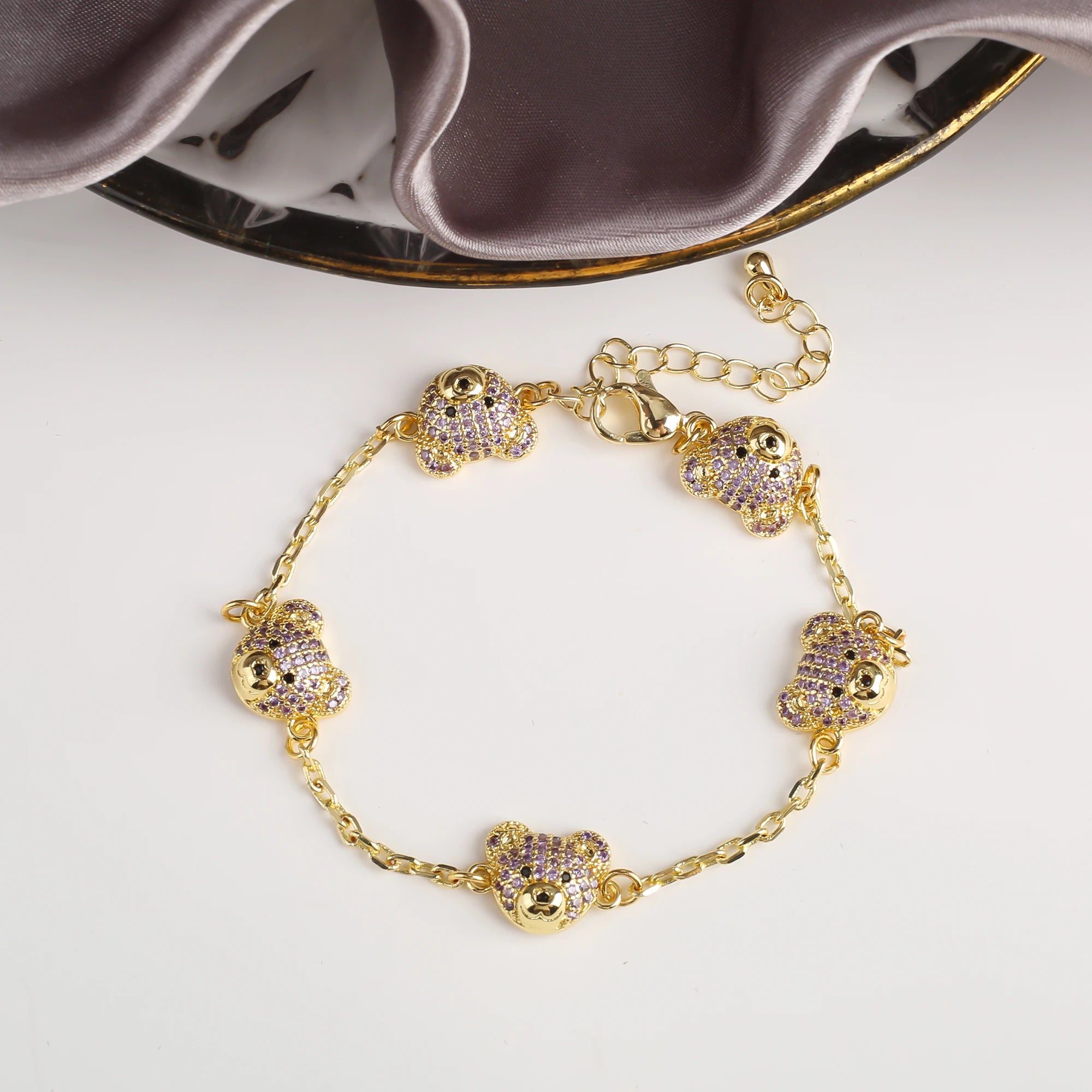 Classic Cubic Zirconia Cute Bear Gold Plated Adjustable Bracelet