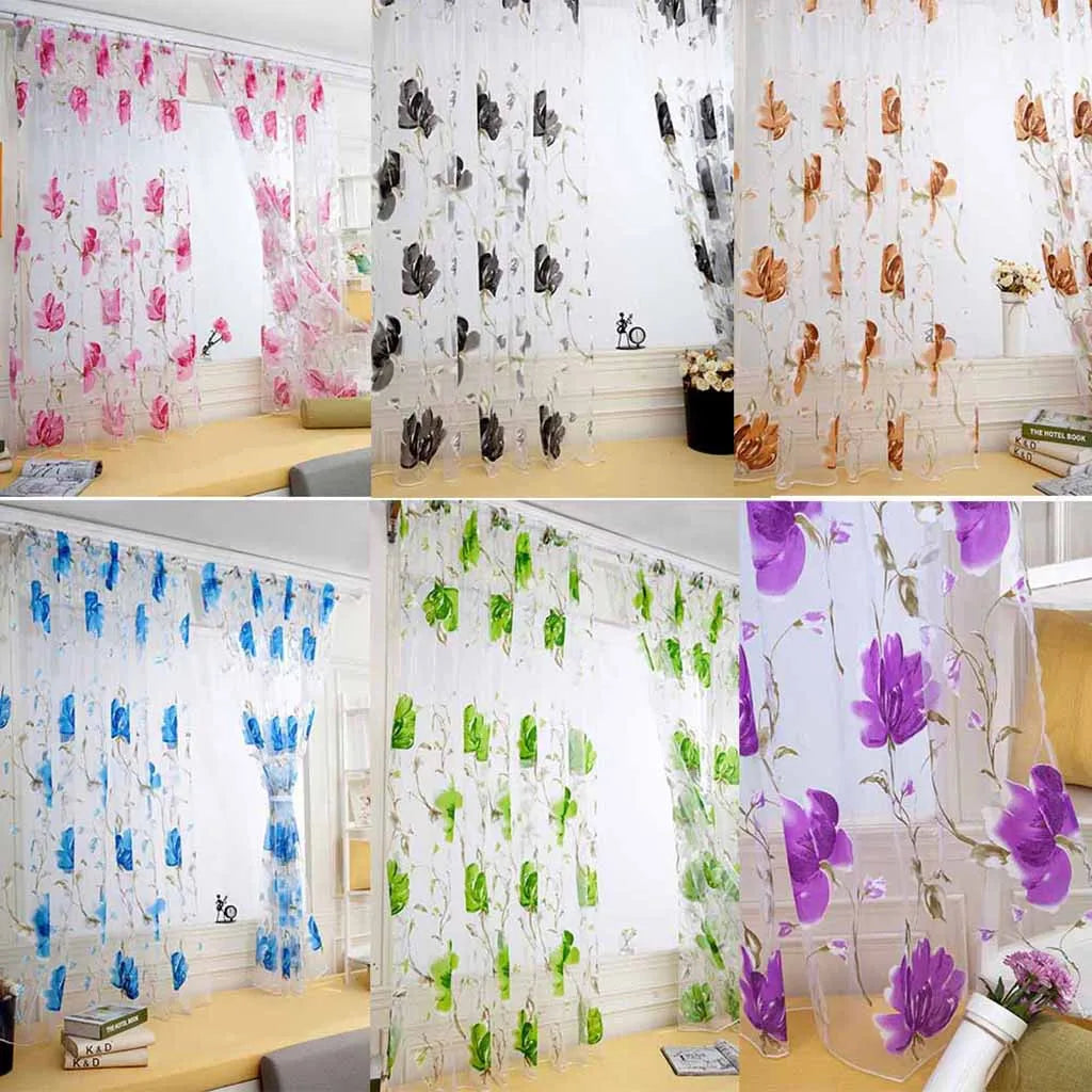 1/2 PCS Vines Leaves Tulle Door Window Curtain Drape Panel Sheer Scarf Valances Colorful Floral Pattern Transparent Curtains Qme