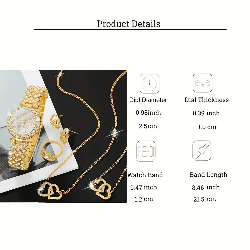 6pcs/set Women's Shiny Rhinestone Quartz Watch Analog Stainless Steel Band Wrist Watch & Heart Jewelry Set, Gift For Mom Her Qme