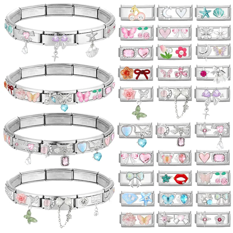 Wholesale Colored Gemstone Bowknot Water Drop Heart Italian Charm Link Stainless Steel Fit 9mm Bracelet Jewelry DIY Making Gifts Qme
