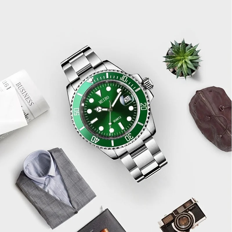 1pc Luxury Men Silver Stainless Steel Water Proof Automatic Luminous Bezel Mens Watches Qme