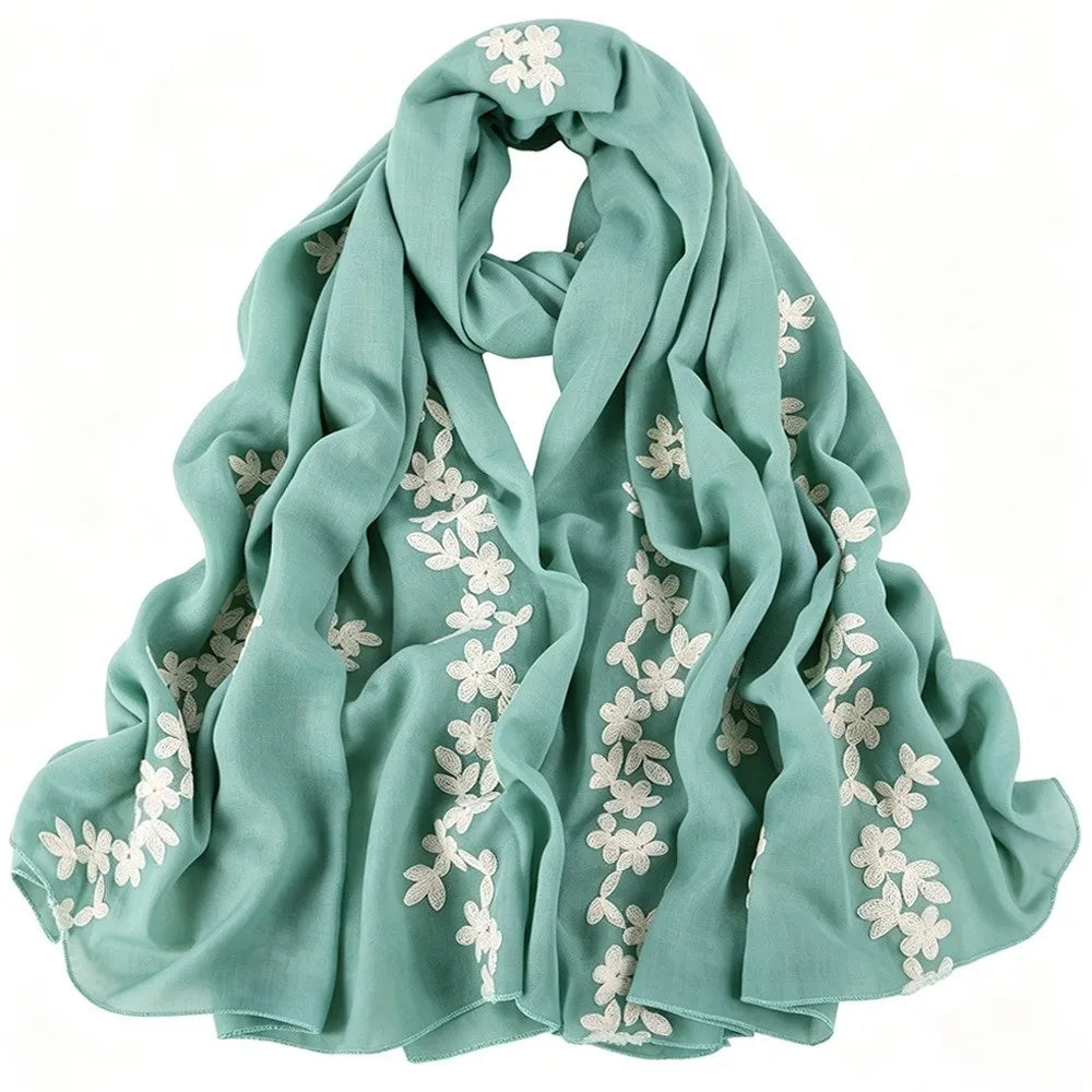 Floral Pattern Embroidered Hijab Breathable Lightweight Thin Fabric Shawl Soft Edged Gentle Ethnic Long Foulard Casual Stole Qme Green