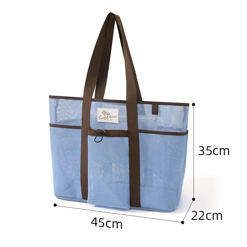 A Mesh Gym Beach Tote Bag Large Capacity Portable Handheld Travel Bag Swimming Swimsuit Storage Pouch for Outdoor Vacation Qme tote blue