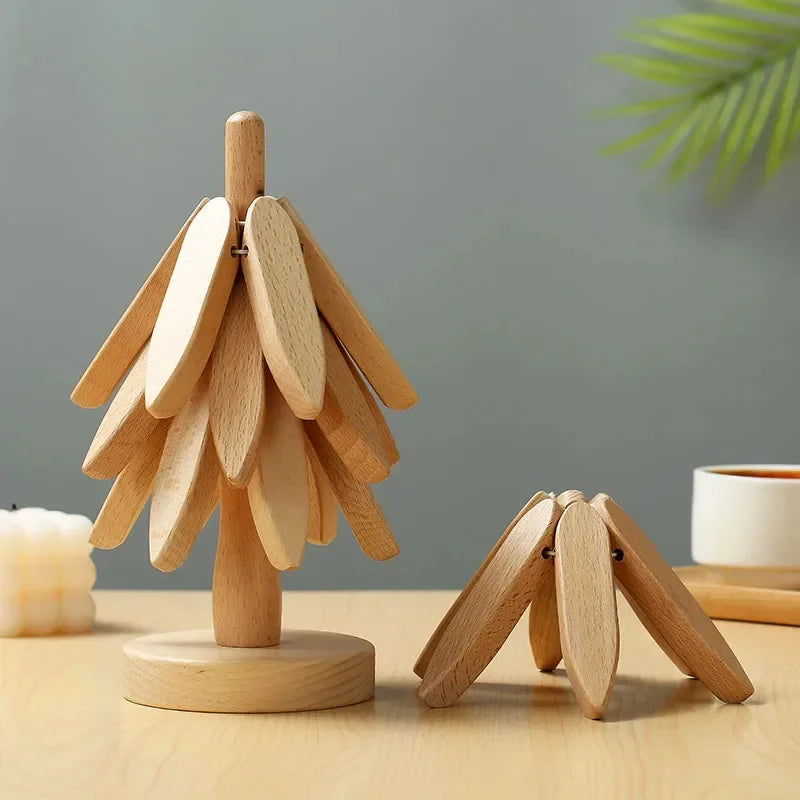 Christmas Tree Insulation Mat Solid Wood Dining Table Coaster Anti Scalding Mat Pot Mat Creative Personalized Home Decoration Qme natural wood-3 leaf L