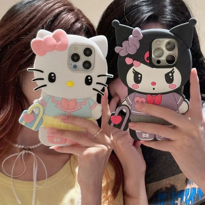 Sanrio Cute 3D Big Head Hello Kitty Case For iPhone 14 15 16 17, Cartoon Bear Heart Soft Silicone Anti-drop Ladies Phone Shell Qme