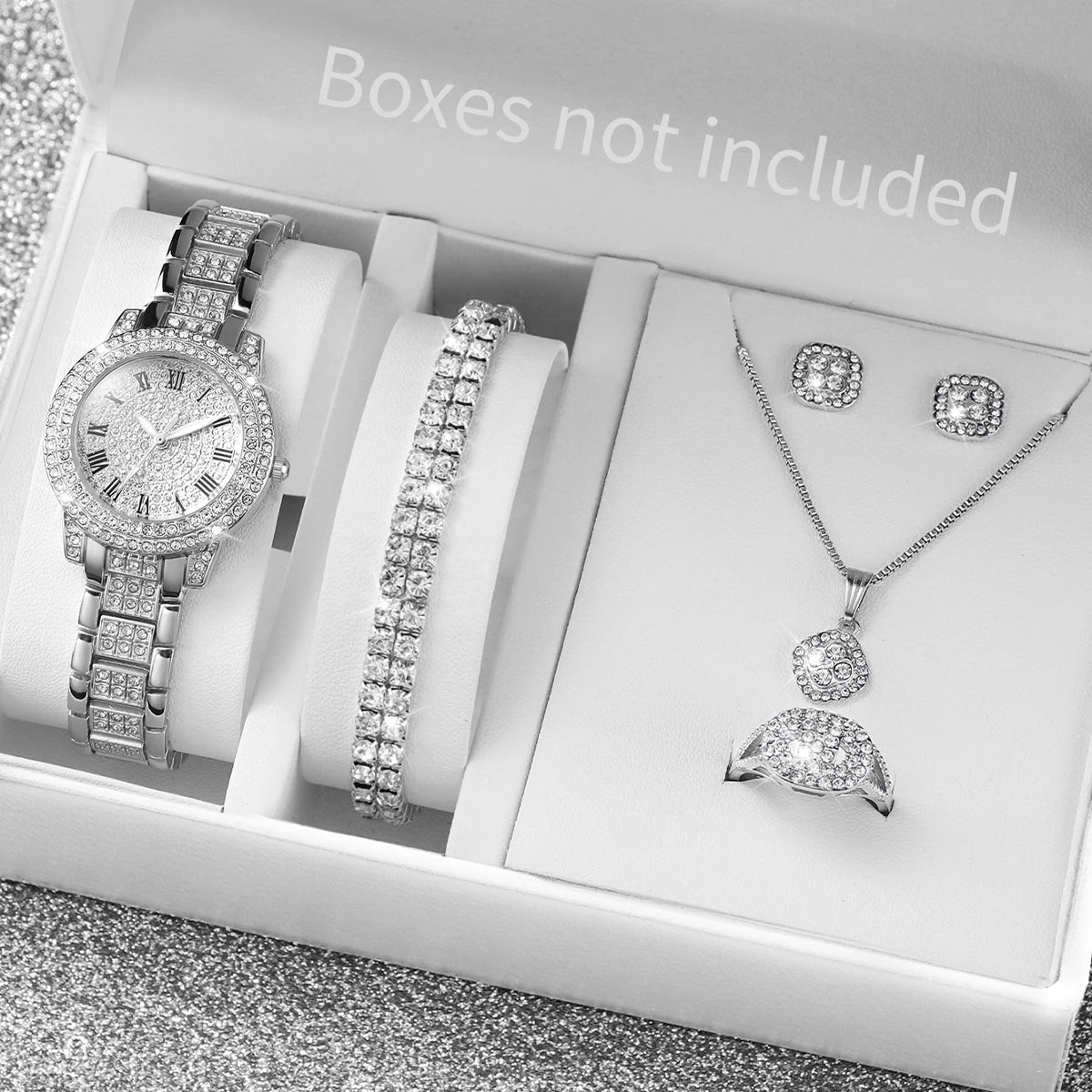 Full diamond silver shell Roman dial women's steel strap watch square rhinestone jewelry five piece set, not including gift box Qme Rose