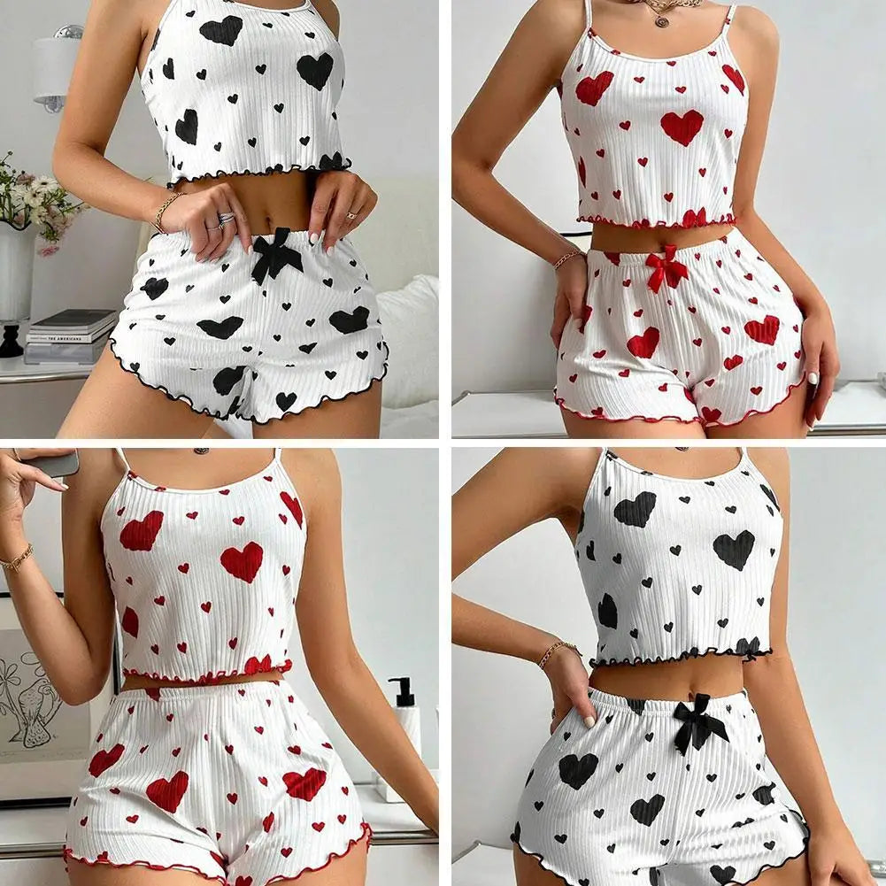 2pcs Women's Pajama Set Sexy Cute Kawaii Pajamas Women suspenders Sun-Tops Loungewear Set Shorts Lolita Heart Silk Sleepwear Qme