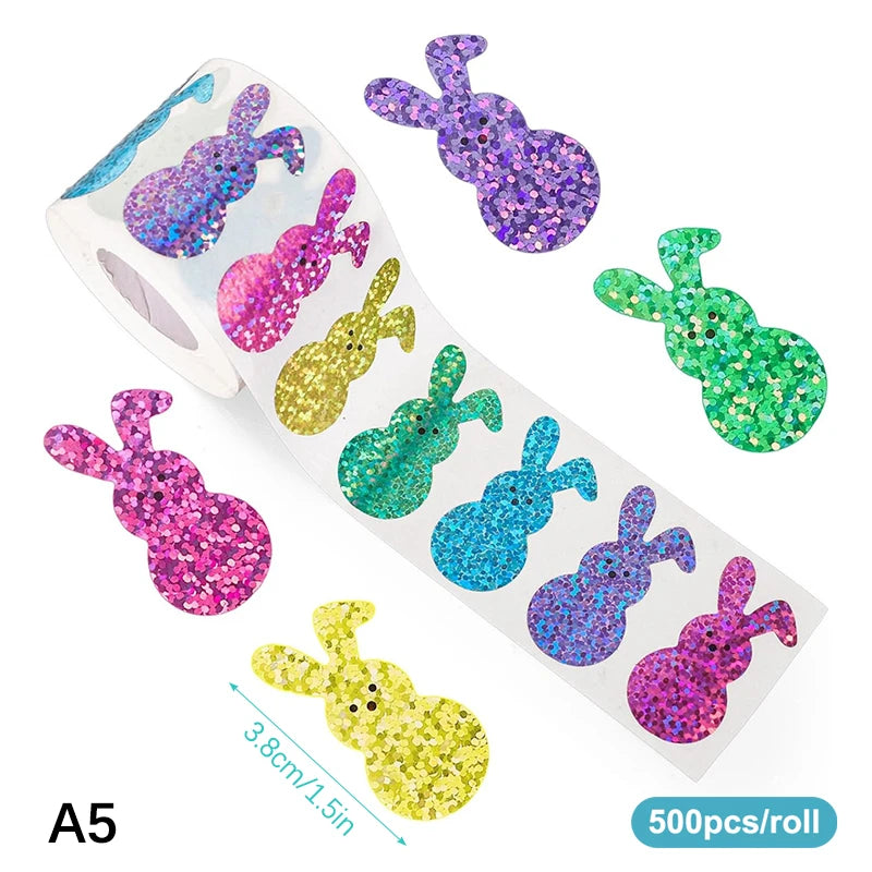 500pcs/roll Easter Bunny Carrot Stickers Holographic Waterproof Stickers For Easter Egg Hunt, Party Decorations, Scrapbooking Qme A5