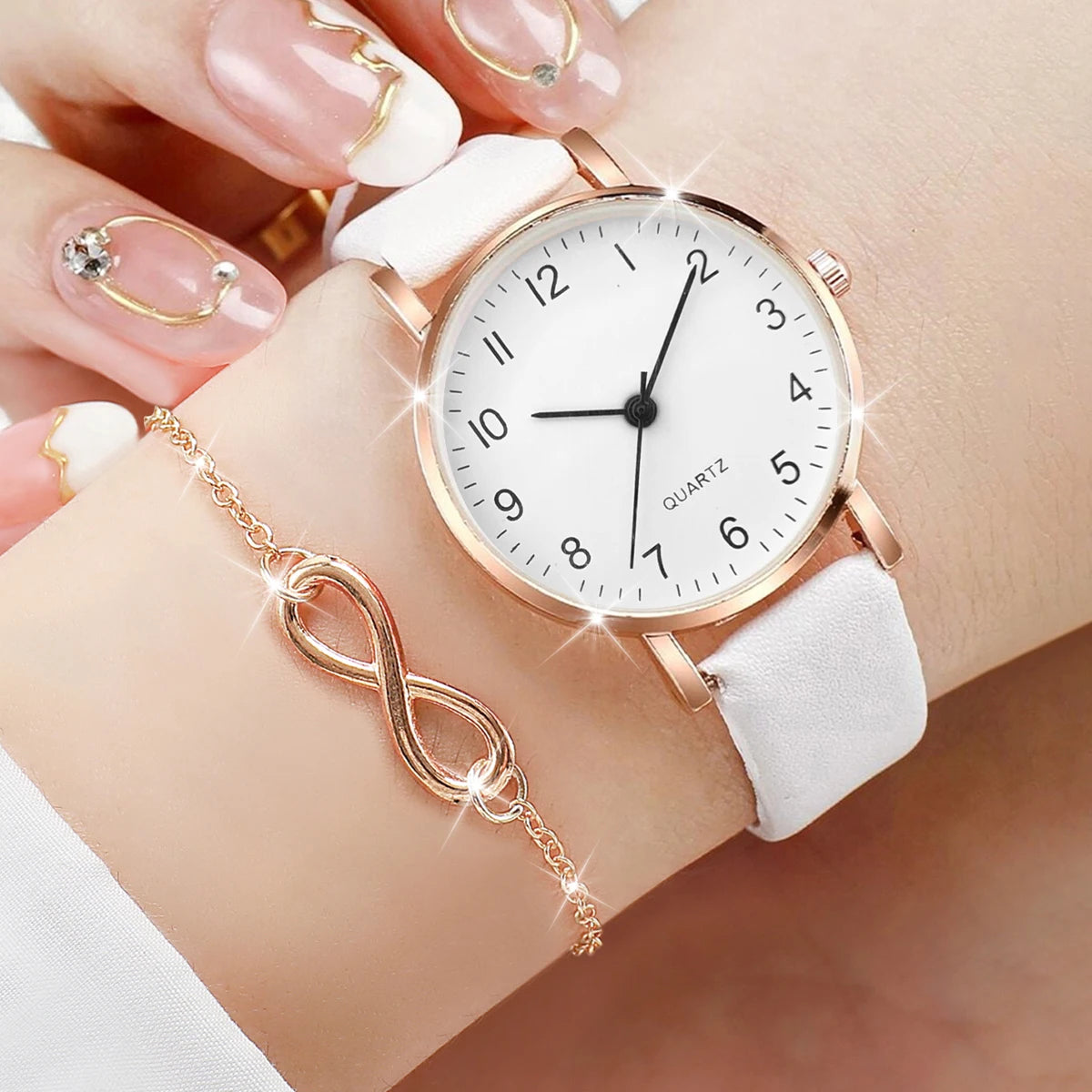 4PCS White Belt Simple Digital Women's Quartz Watch Gold and Silver Unlimited Symbol Thin Bracelet Four Piece Set Qme