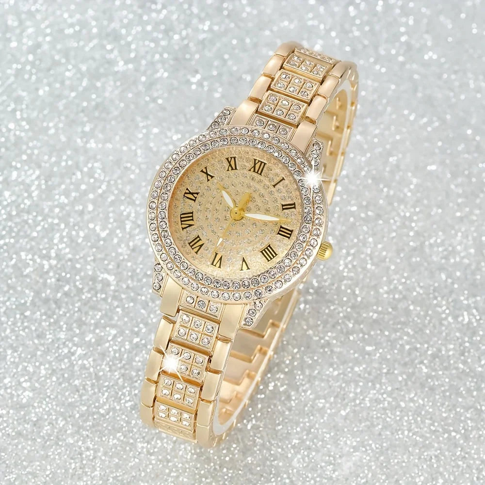 6pcs/set Women's Luxury Rhinestone Quartz Watch Golden Fashion Analog Wrist Watch & Bracelets, Gift For Mom Her Qme