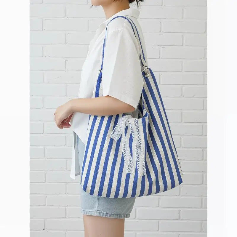 Stripe Hobo Bag Women Lace Bow Decor Canvas Tote Reversible Shoulder Qme