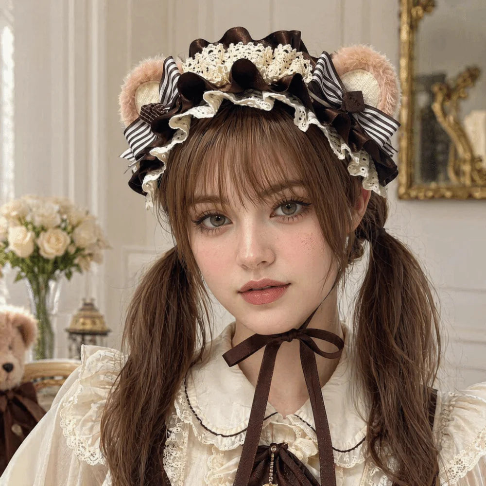 Adjustable Bear Ear Cookies Headband Sweet Lace-up Lolita Hair Hoop Qme