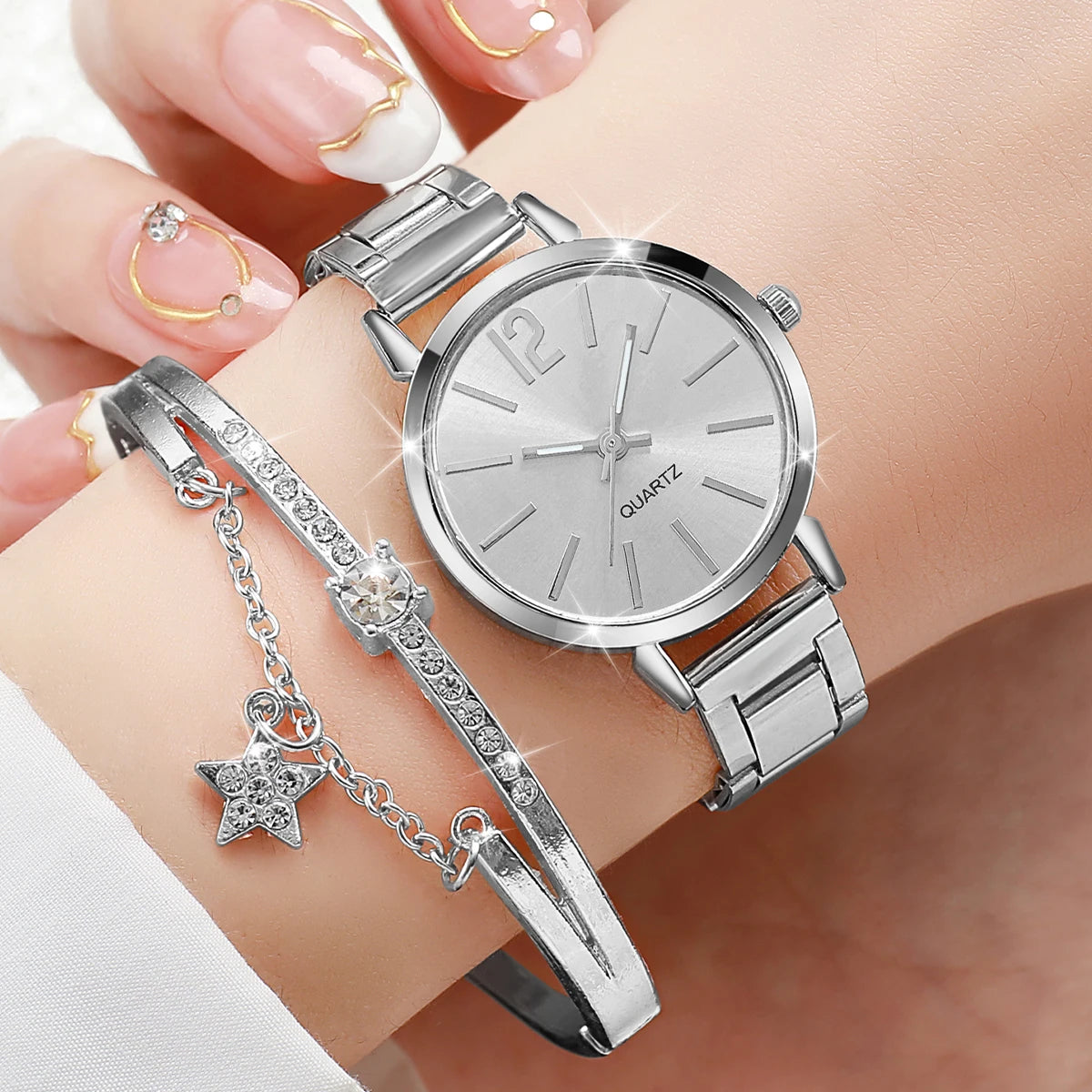 2PCS/Set Ladies' small dial casual versatile quartz watch for middle and high school students Qme Silver Set No Box