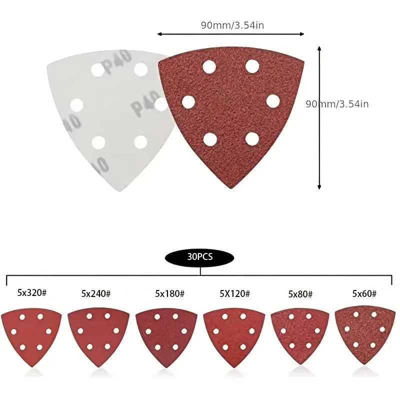 30pcs Triangle Sanding Pads Mouse Sander Pads Sandpaper With 6 Holes 60/80/120/180/240/320 Grits For Delta Sanders/Multi-Sanders Qme