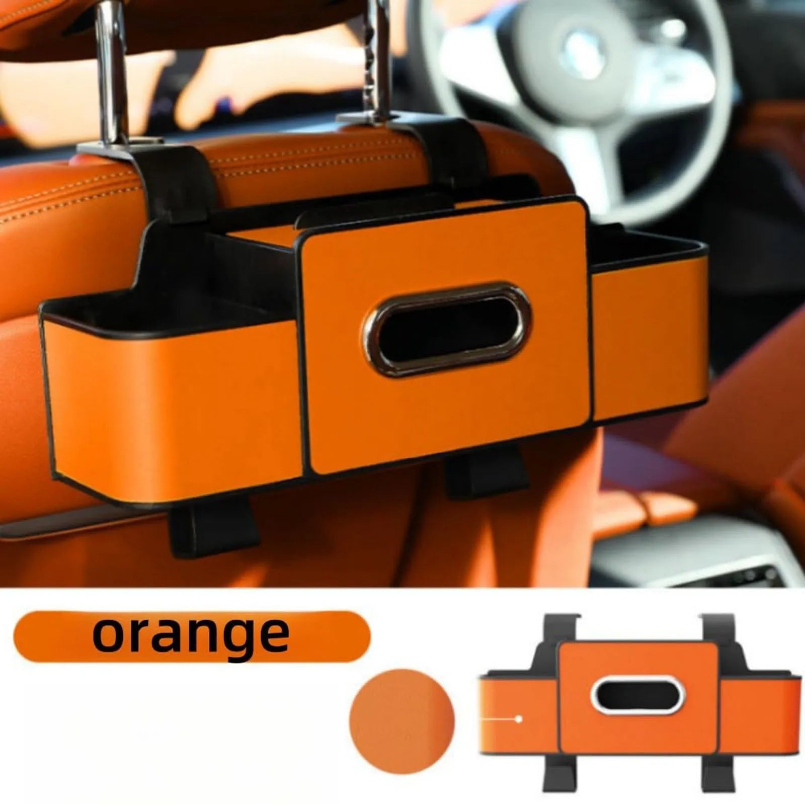 Car Storage Organizer Multifunctional Car Seat Back Storage Box with 2 Cup Holders, Tissue Box and Hook Suitable for Most Car Qme Orange