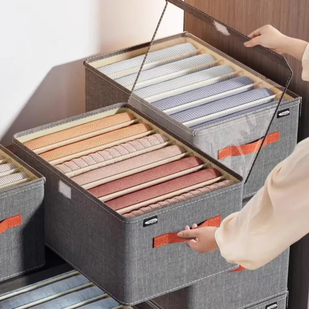 Premium Cationic Fabric Foldable Storage Box with Lid & Compartments PP Board Clothes Organizer for Wardrobe Use Qme