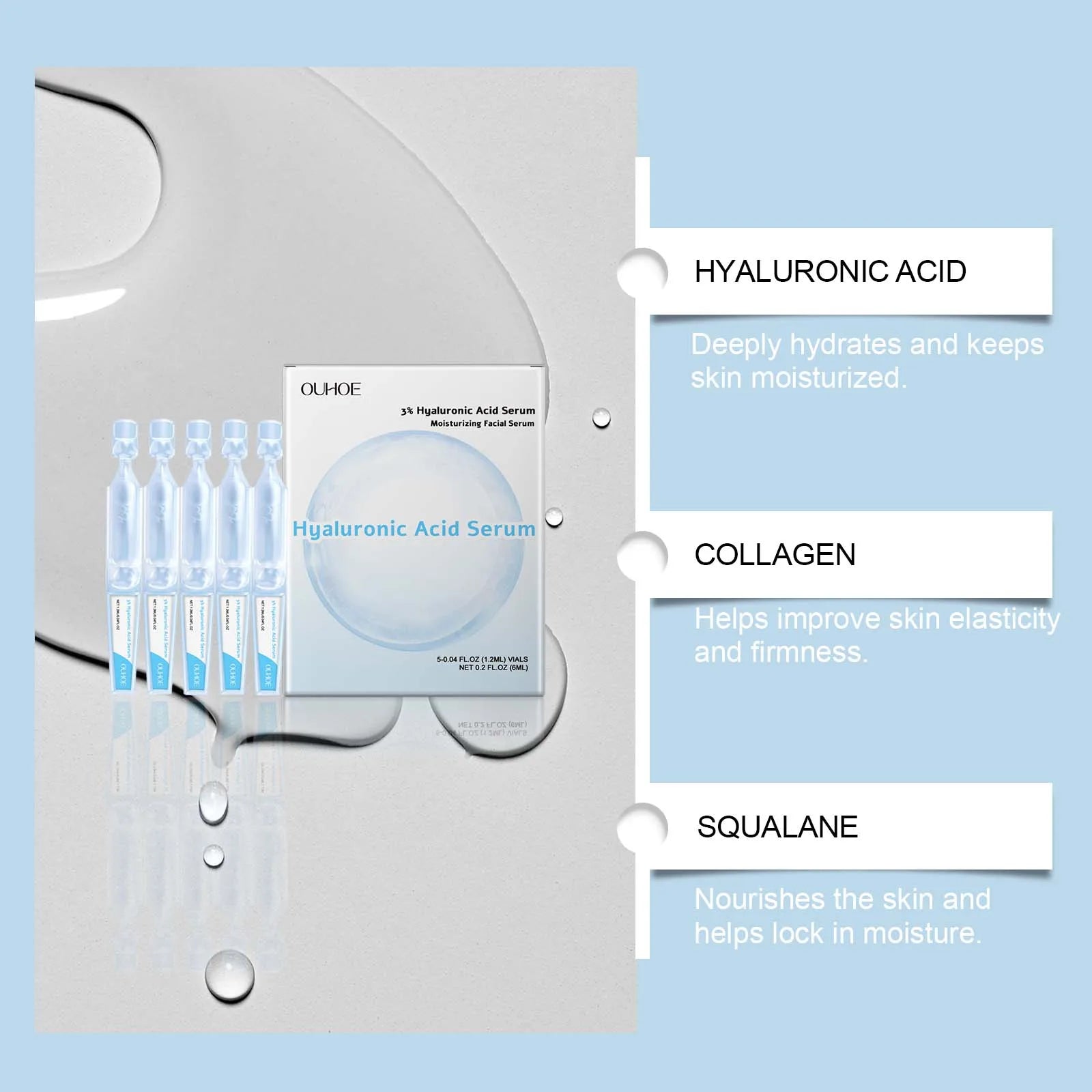 3%Hyaluronic Acid Serum Hydrating Nourishing Pore Shrink Brightening Moisturizing Smoothing Facial Essence for Plump Glowing Ski Qme