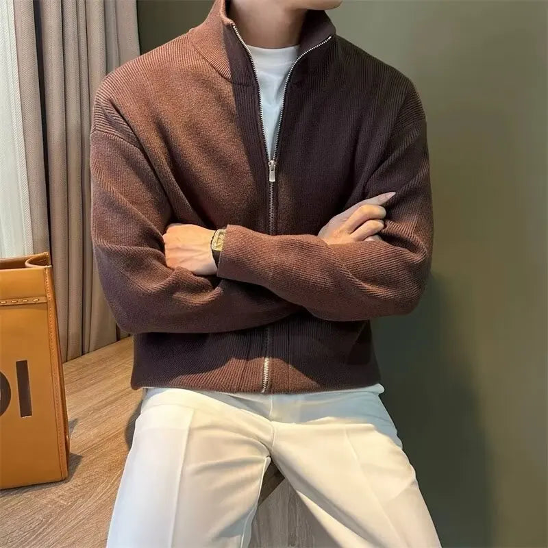 Men's Versatile Solid Zip-up Cardigan Slim Fit Stand Collar Sweater Qme