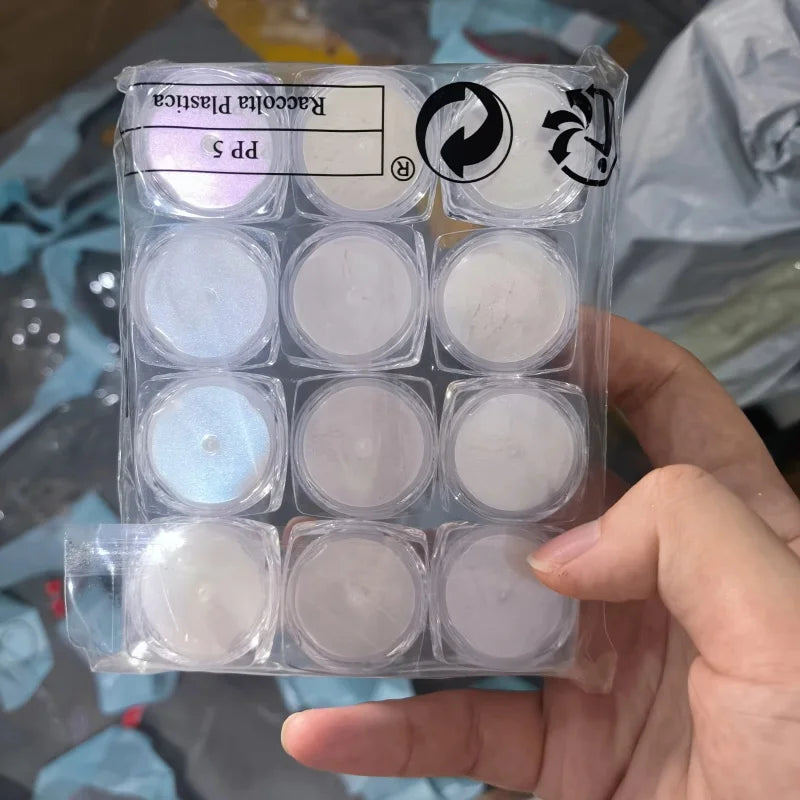 12Pcs/Set Aurora White Nail Mirror Powder 0.3g/Jar Shimmer Moonlight Chrome Pigment Dust for UV Gel Polish Manicure Decorations Qme