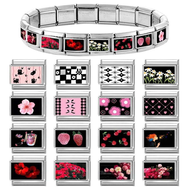 Wholesale Brilliant Rainbow Pretty Girl Black Italian Charm Links Fit 9MM Stainless Steel Bracelet Women Y2K DIY Making Jewelrys Qme