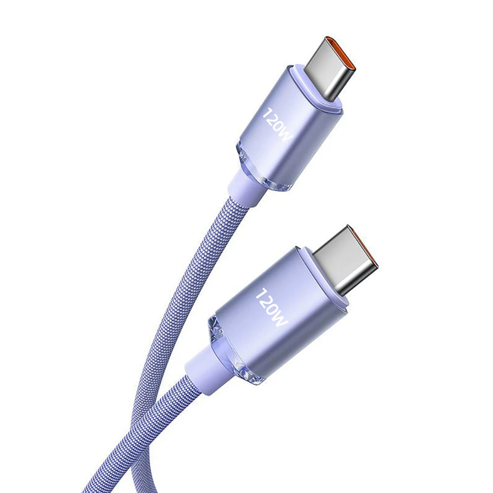 120W 6A PD Fast Charging Cable USB C to C Dual Type C Braided Quike Charging Phone Charger Data Cord For Xiaomi Huawei Samsung Qme Purple 2m