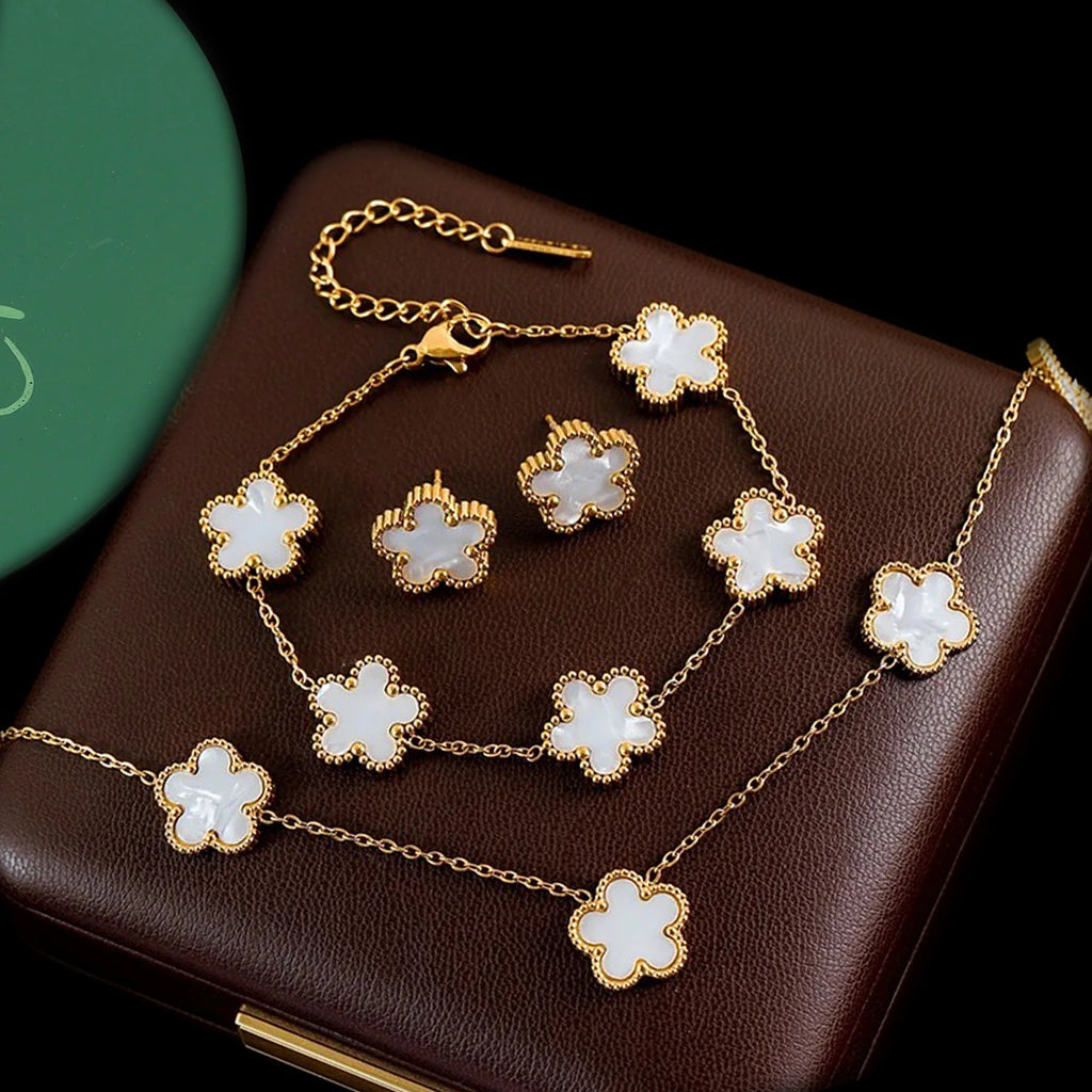 Stainless Steel Hot Sale Five Leaf Flower Gold Color Clover Jewelry Set Bracelet Necklace Earrings High Quality Luxury Jewelry Qme