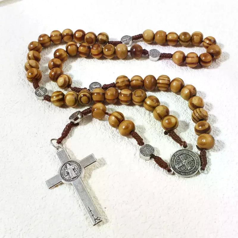 Retro Religion Belief Catholic Cross St. Benedict Black Gallstone Prayer Rosary Pendant Necklace Jewelry Gift Qme