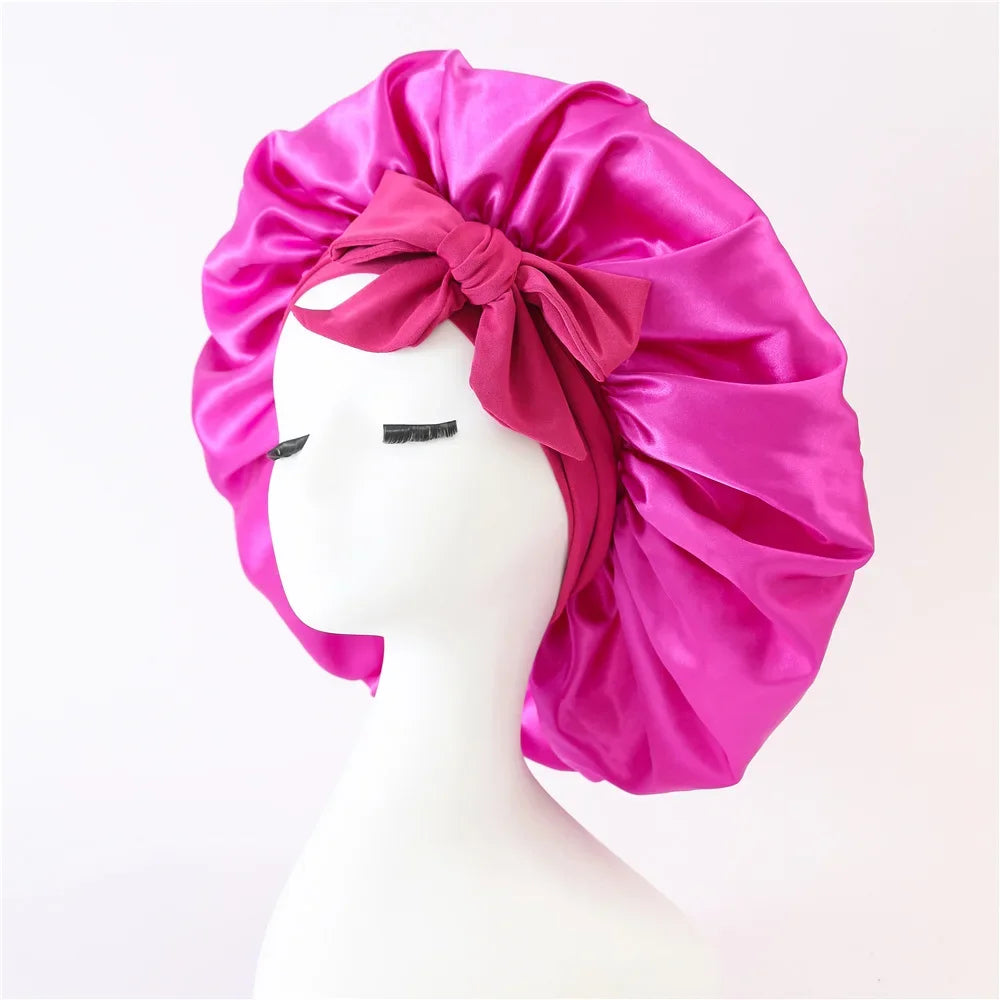 Sleeping Hat Women Satin Solid Night Sleep Cap Hair Care Bonnet Nightcap For Women Men Unisex Cap Bonnet De Nuit Shower Turban Qme Rose Red