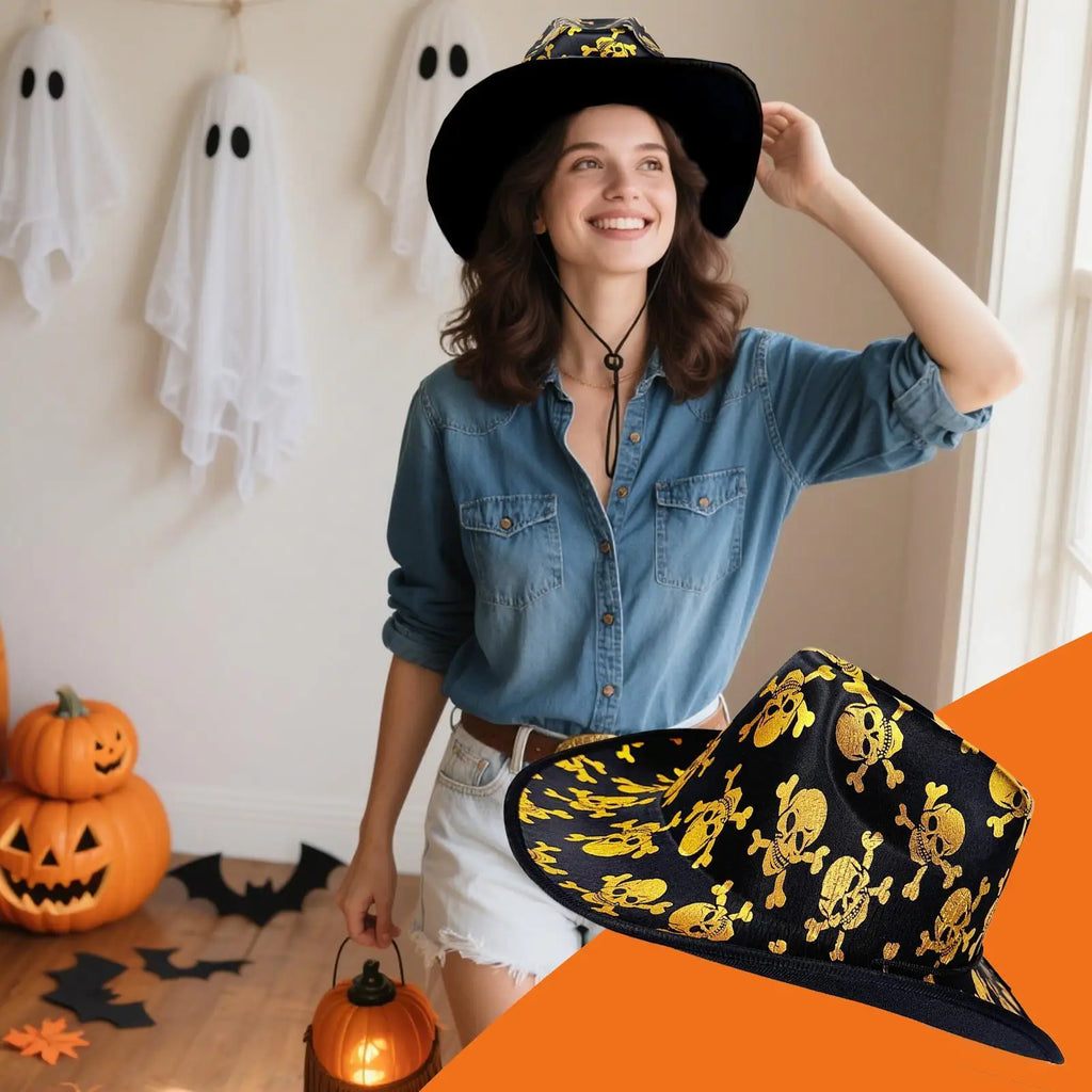 Western Cowboy Hat Skull Pattern Wide Brim Cowgirl Hat With Lanyard Dress Up Headwear For Masquerade Family Gathering Party Qme