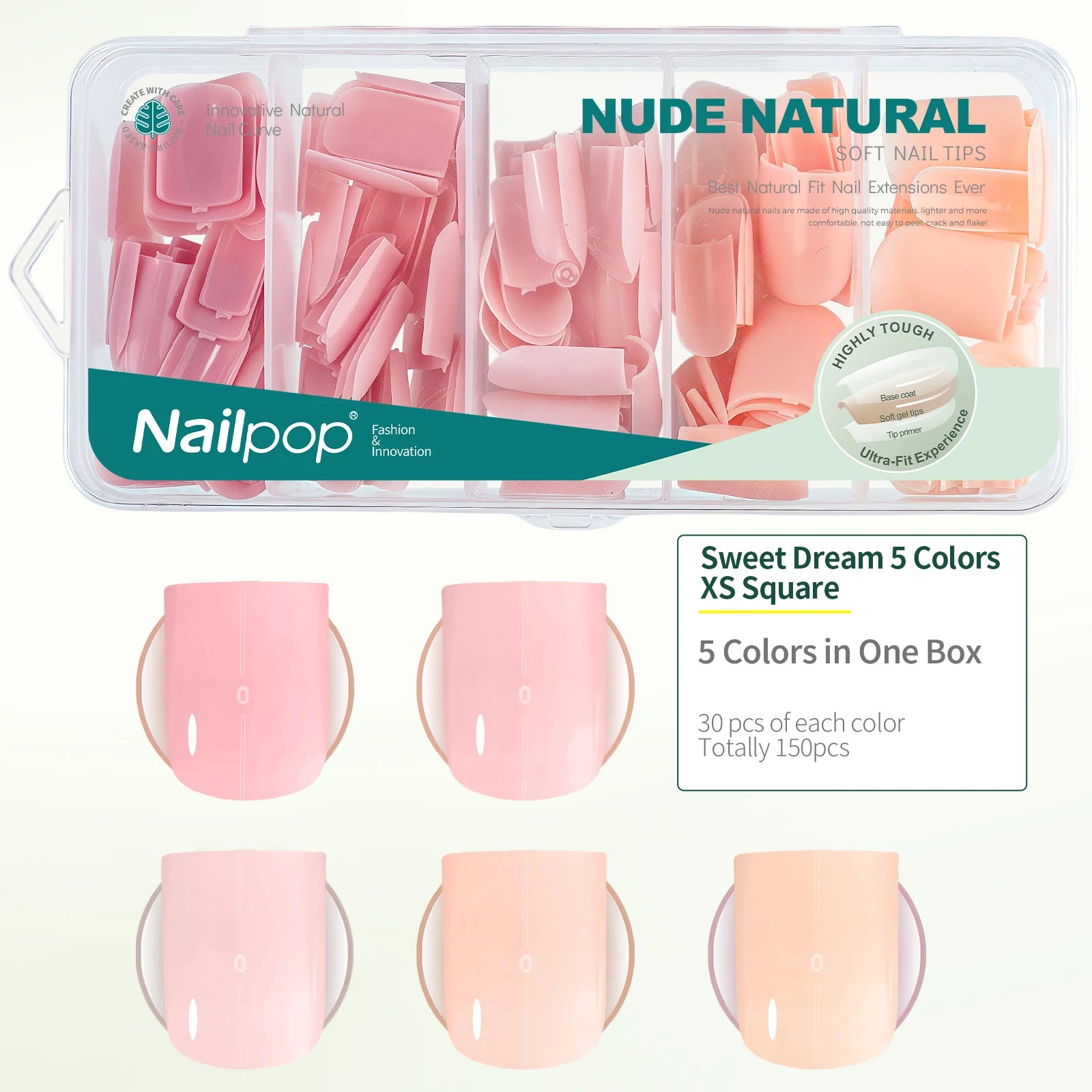 Nailpop 140 1 Nude Pink Nail Tips Per Square Almond Coffin Oval Soft Qme 150PINK XS Square