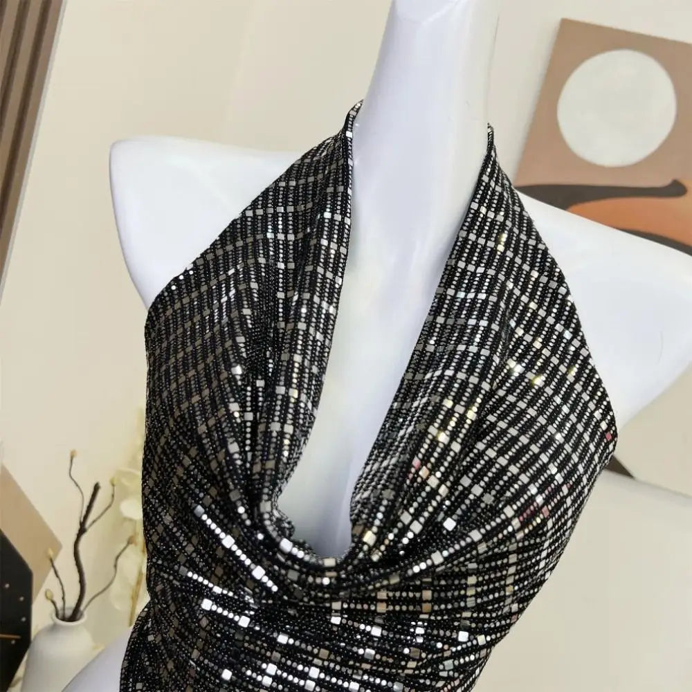V-neck Glitter Tank Top Vest Sling Sleeveless Sweet Spicy Slim Camisole Backless Spicy Girl Style Glitter Hanging Neck Top Lady Qme