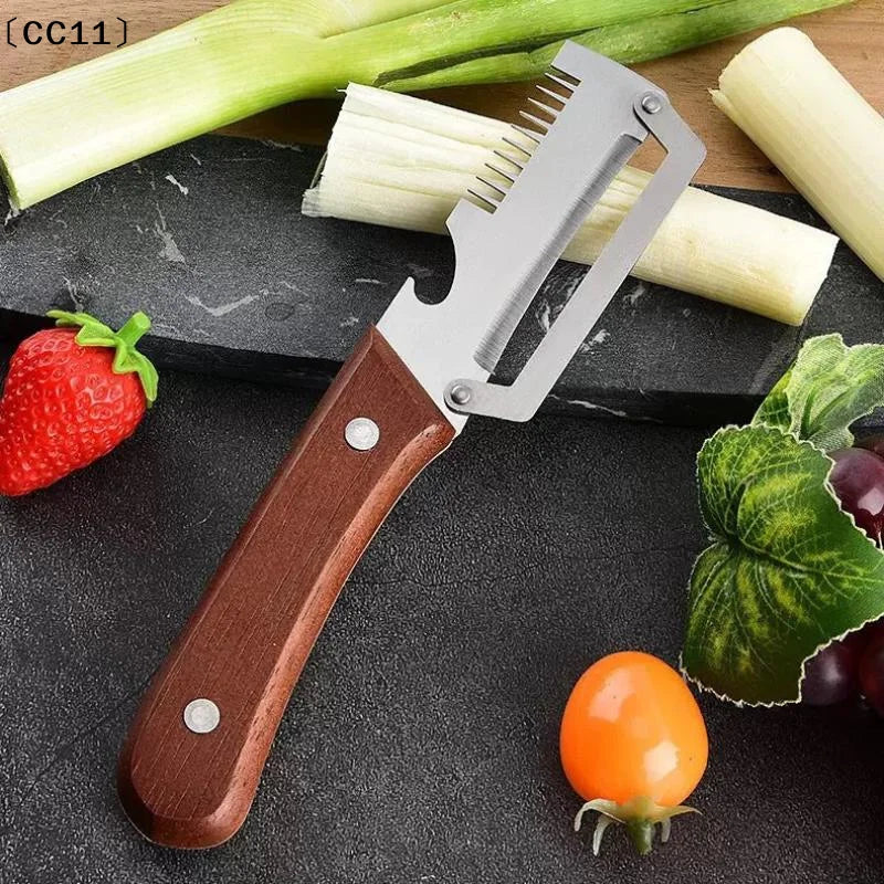 Multifunctional Stainless Steel Peeler Wooden Handle 3-in-1 Scallion Qme