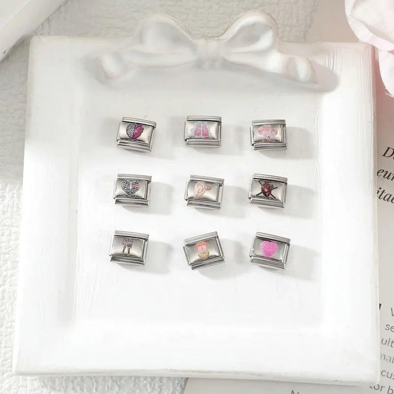 Fashion Y2K Lips Heart Brain Lungs Ears Colorful Italian Charm Links Stainless Steel Fit 9mm Bracelet Jewelry DIY Making Gifts Qme