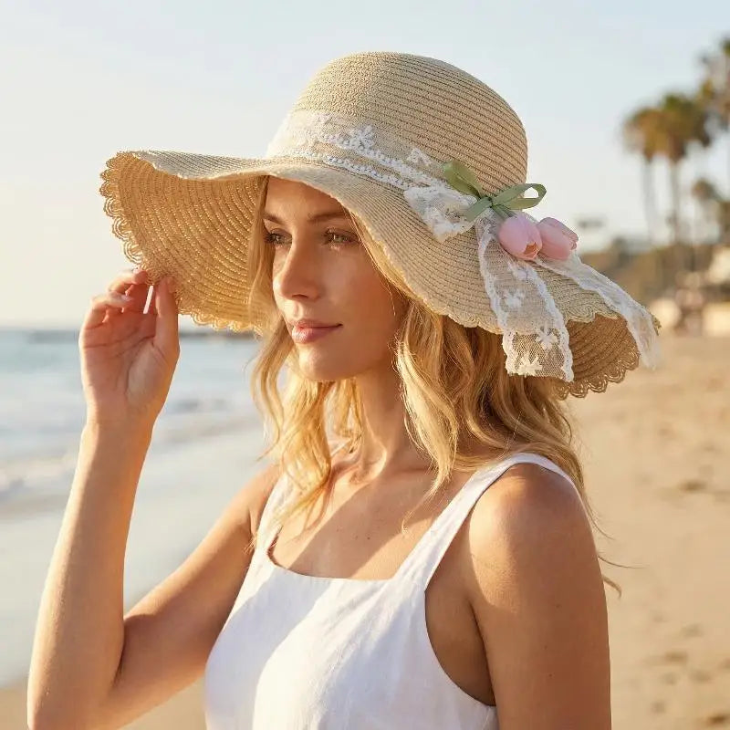 Summer Flower Straw Hat Foldable Sun Wide Large Brim Beach Hats Qme