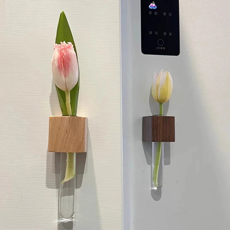 1/2pcs Wooden Magnetic Test Tube Vase Refrigerator Magnet DIY Flower Arrangement Simulation Flower Vase Home Kitchen Decoration Qme