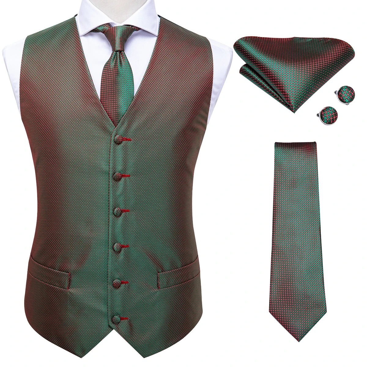 Hi-tie Mens Suit Vests Necktie Hankerchief Cufflinks Silk Slim Fit Qme 0018 S