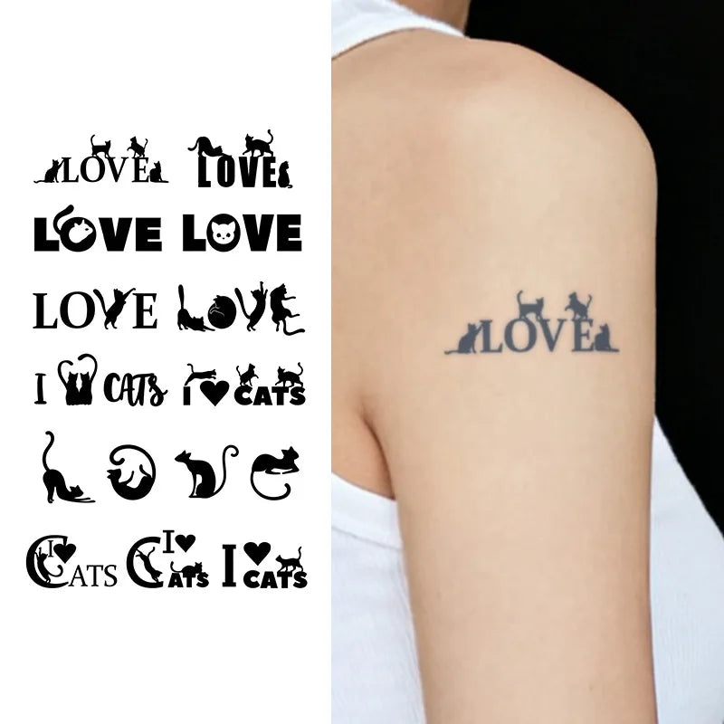 I Love Cat Temporary Tattoo, Herbal Juice Semi-Permanent Waterproof, Small Sexy Realistic Fake Arm Tattoo Qme