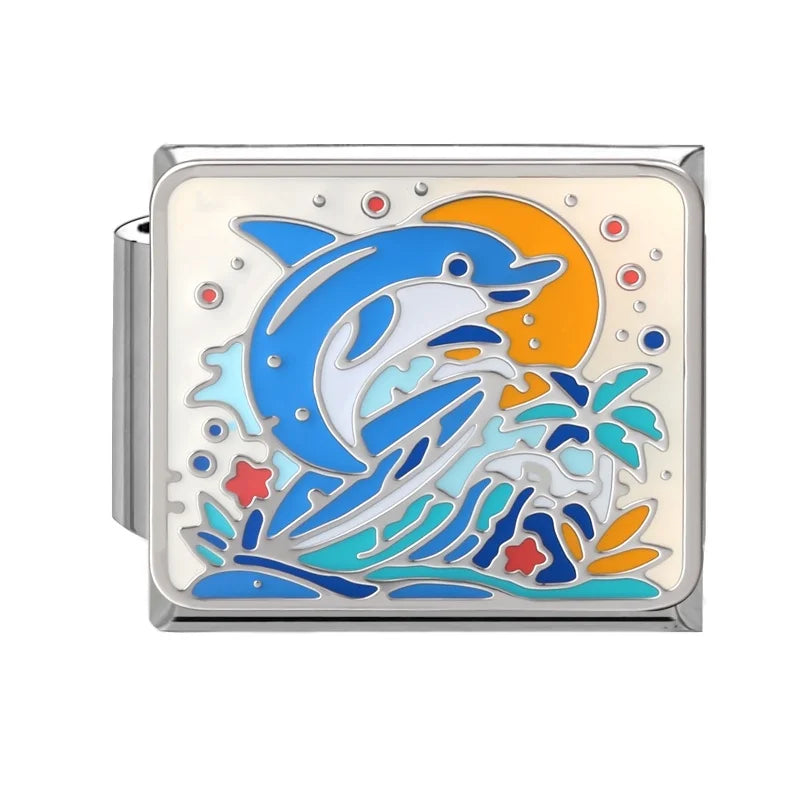 2026 New Summer Ocean Theme Crab Fish Italian Charms Link 9mm Golden Modular Bracelet Stainless Steel DIY Gift Jewelry Wholesale Qme Style 2