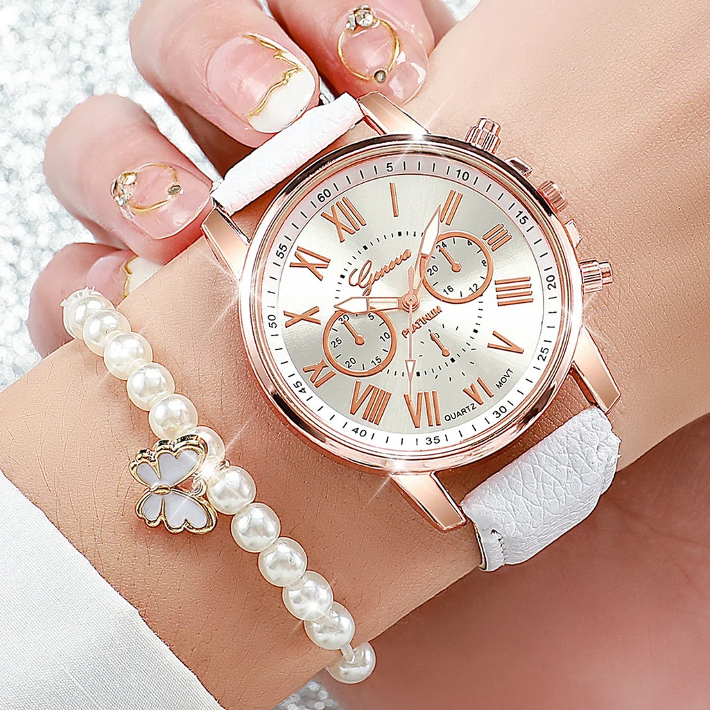 Elegant Roman Dial Ladies Watch with Complete Butterfly Pearl Jewelry Kit Qme